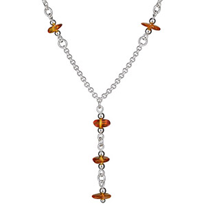 Collier argent forme Y chaine forçat et pendant ambre naturel réglable