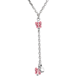 Collier argent forme Y chaine forçat et pendant papillons roses réglable