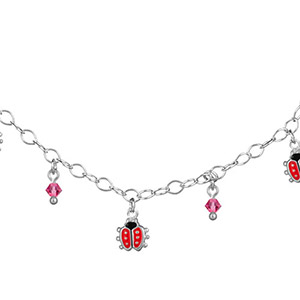 Collier argent pampilles coccinelles et zirconias roses réglable