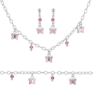 Parure argent pampilles papillons roses et zirconias roses