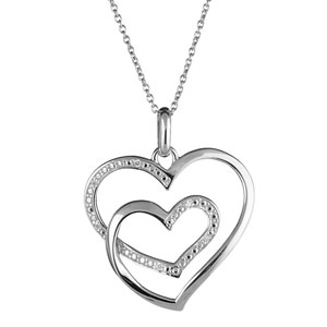 Collier argent rhodie pendentif double coeurs pierres blanches