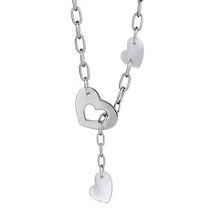 Collier argent rhodié coeur et 2 coeurs de nacre blanche - 44cm réglable 42cm