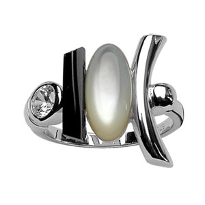 Bague argent rhodi� pierre noire et nacre inspiration japonnaise