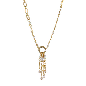 Collier plaqu� or maille fantaisie cercle central et multifils pierres blanches synth�tiques r�glable 37,5+7cm