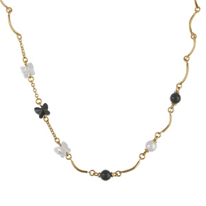 Collier plaqu� or fantaisie perles blanche et noire papillons noir et transparents 37,5+7cm
