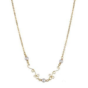 Collier plaqu� or maille fantaisie et volute trio de perles blanches imitation r�glable 37,5+7cm