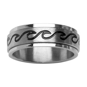 § bague acier à motif vagues noir et argent