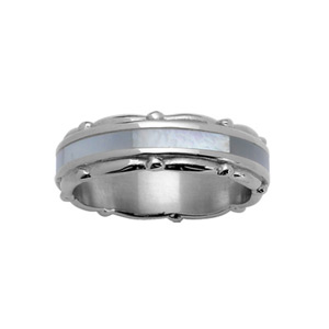Alliance en acier 6mm avec bande centrale en nacre blanche véritable et bords décoration ruban - Vue 1