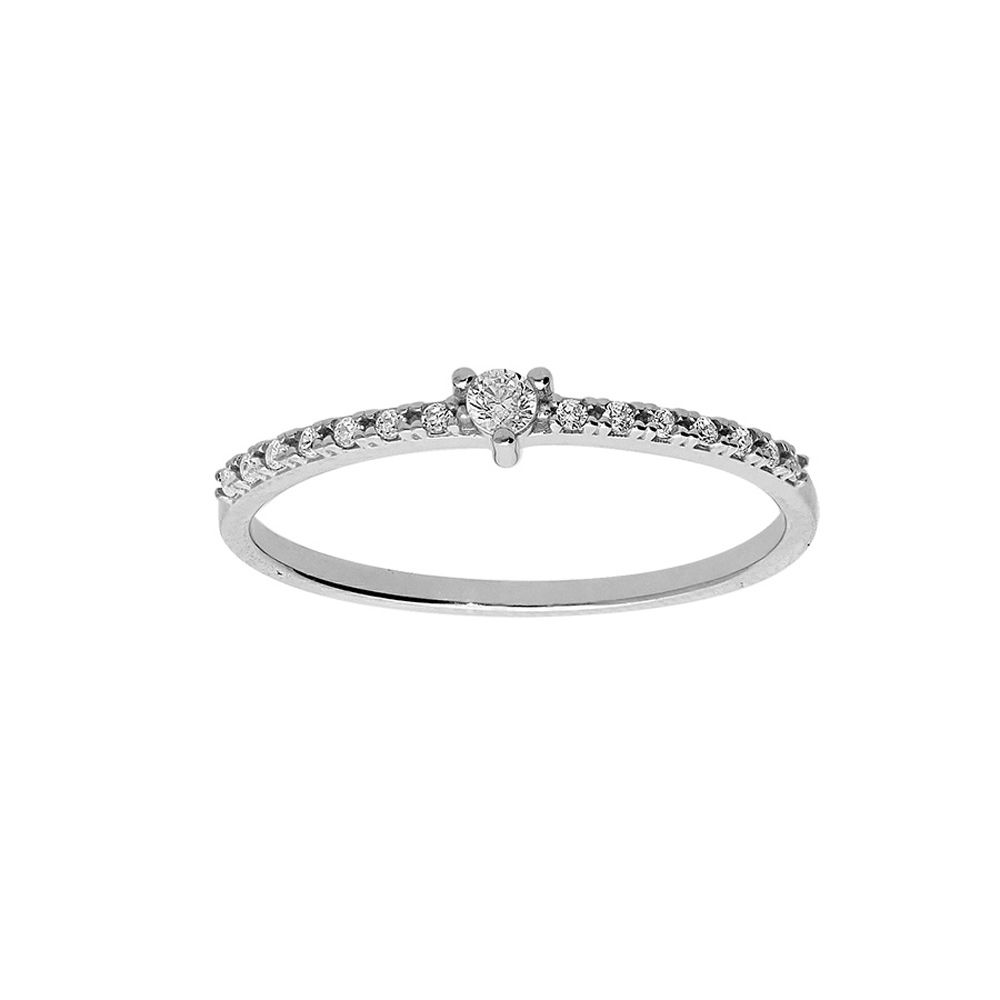 Alliance en argent platin� demi rail d\'oxydes blancs sertis et solitaire oxyde blanc au centre - Vue 1