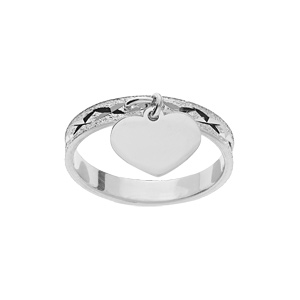 Alliance en argent platin diamante croisillons 3mm avec pampille coeur  graver - Vue 1