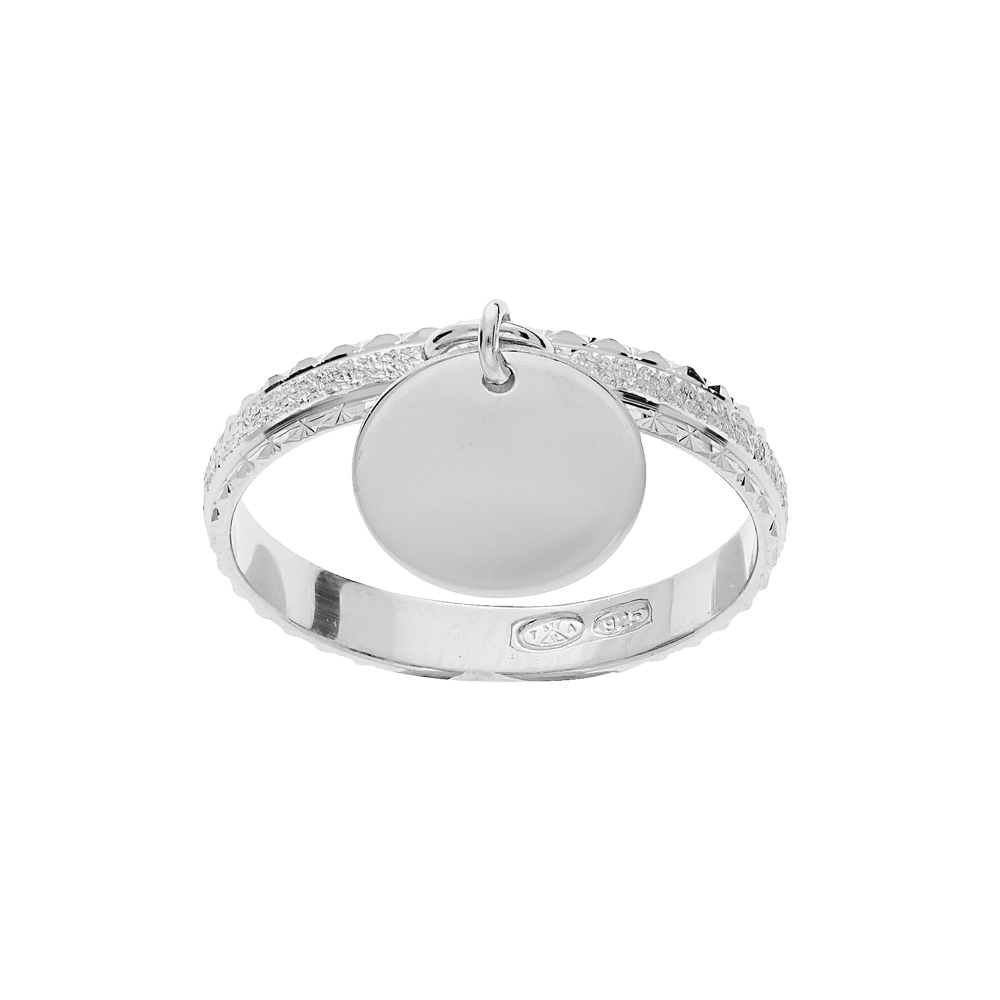 Alliance en argent platin� diamant�e givr�e 3mm avec pampille lisse � graver - Vue 1