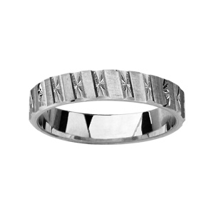 Alliance en argent rhodié 4mm avec motifs alternés : diamantage en étoiles et bandes satinées en biais - Vue 1