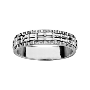 Alliance en argent rhodié 5mm avec bande quadrillée au milieu et bords ciselés en étoile - Vue 1
