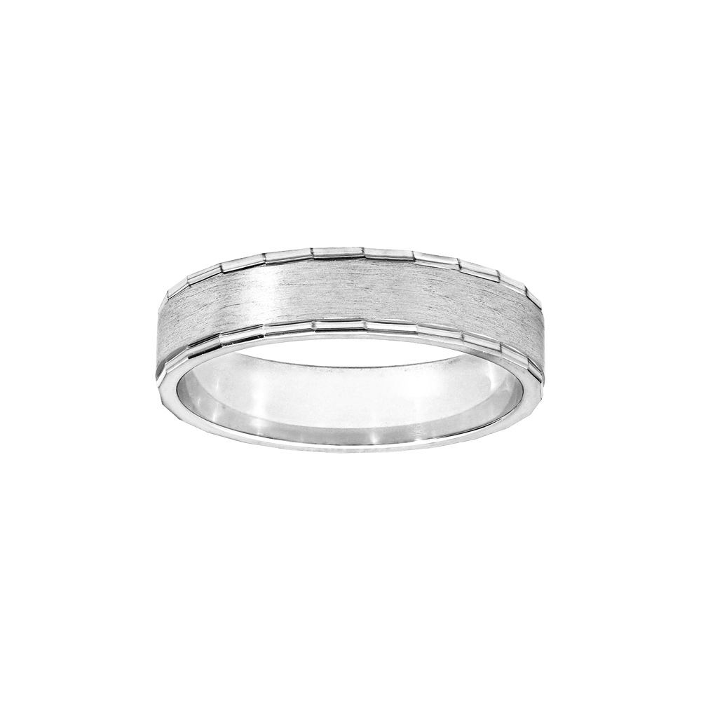 Alliance en argent rhodi� 5mm avec bande satin�e au milieu et bords bossel�s brillants - Vue 1