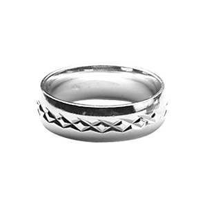 Alliance en argent rhodié 6mm avec bande ciselée en rose des vents au milieu et bors brillants - Vue 1