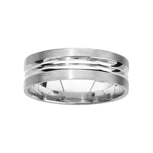 Alliance en argent rhodié 6mm avec rainures brillantes au milieu et bords satinés - Vue 1