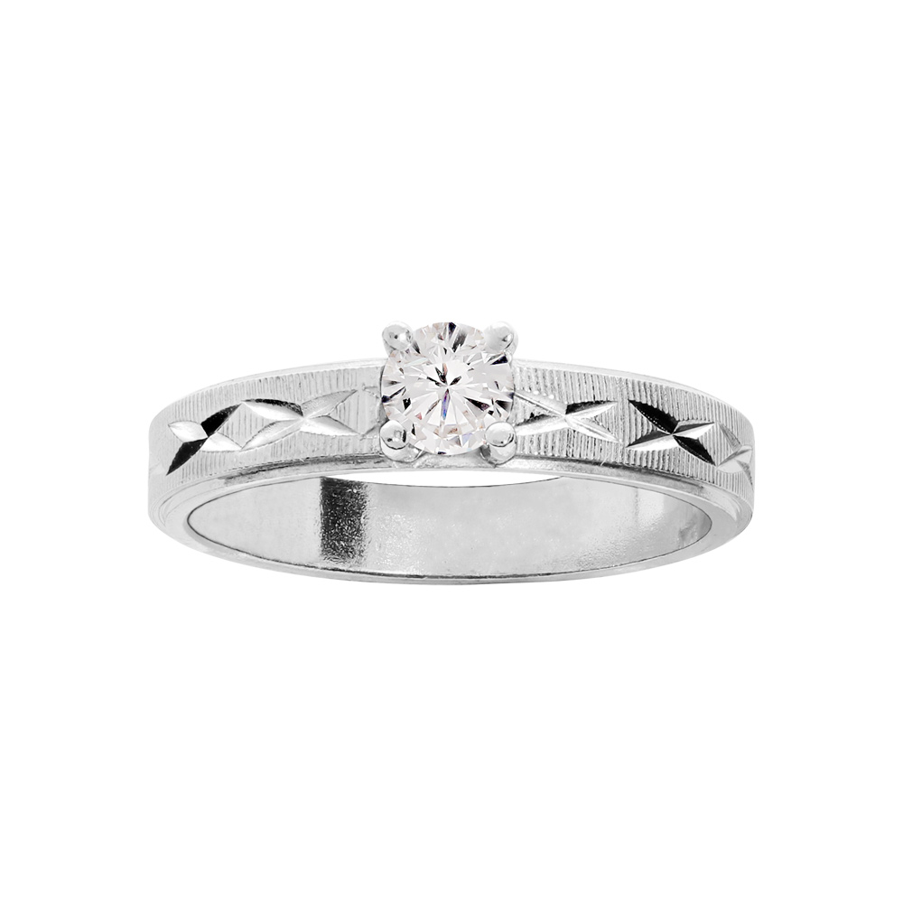 Alliance en argent rhodi� diamant�e en X et solitaire oxyde blanc serti largeur 4 mm - Vue 1