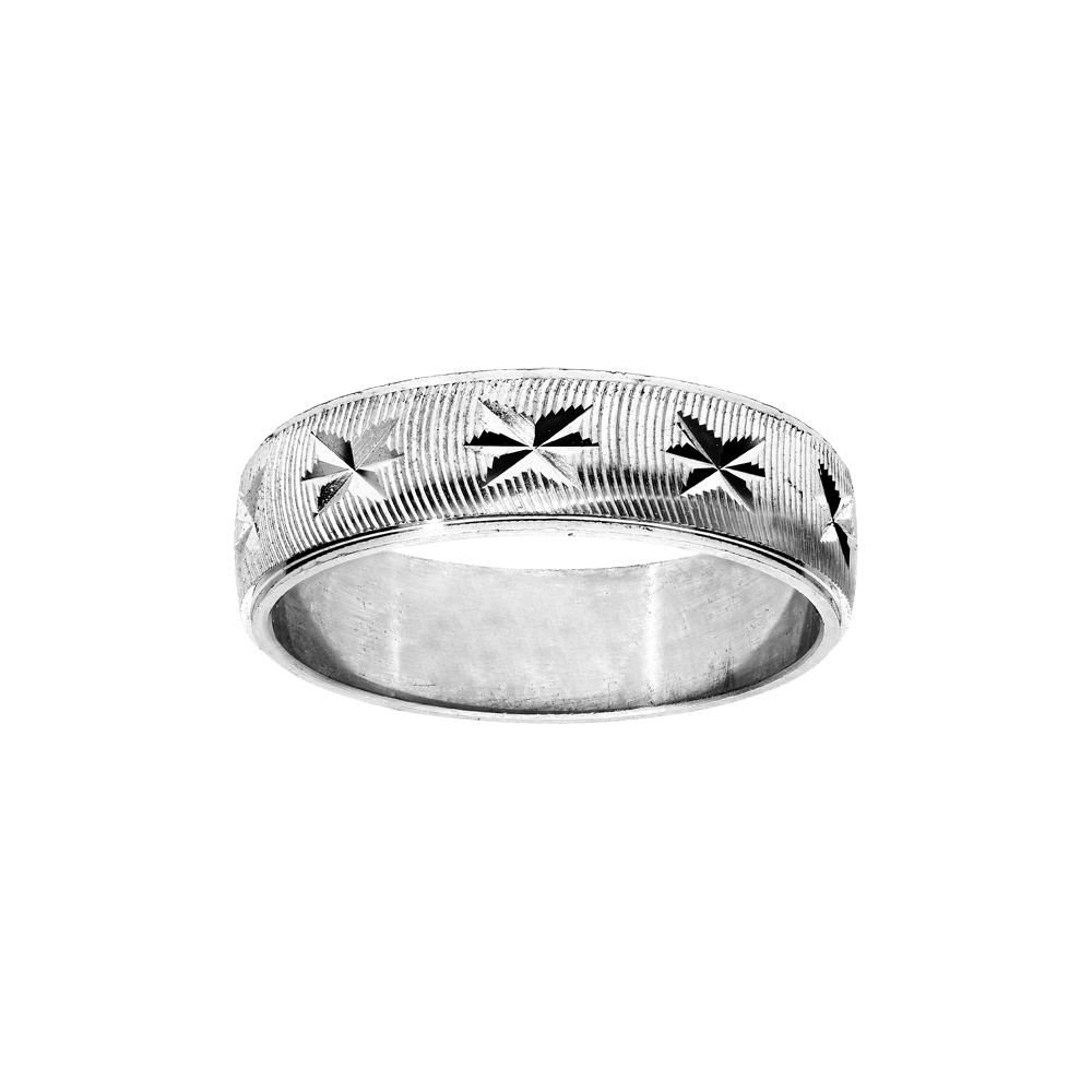 Alliance en argent rhodi� diamant�e stries profondes et �toile largeur 6mm - Vue 1