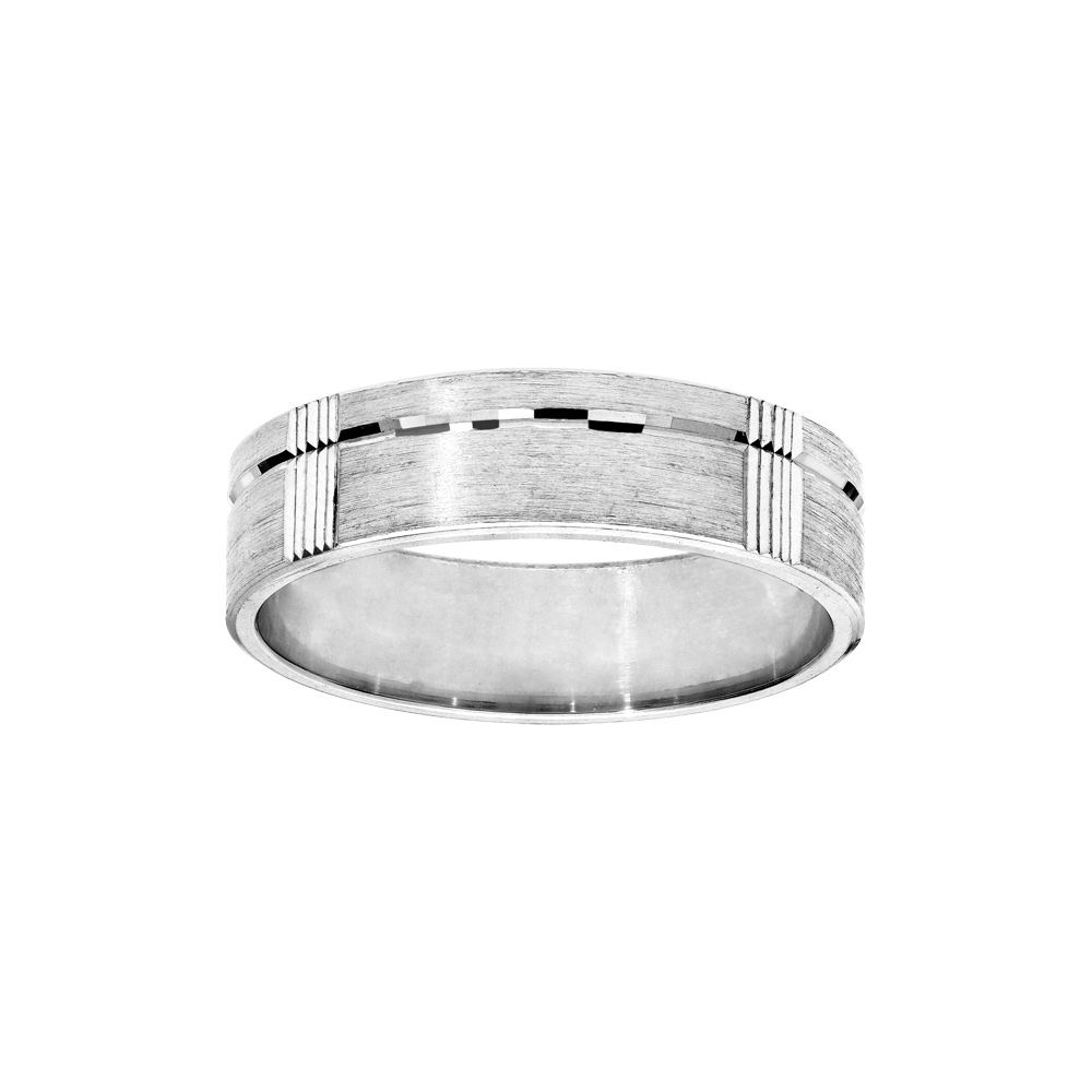 Alliance en argent rhodi� satin� 6mm avec 5 sillons r�guliers et une rainure brillante - Vue 1