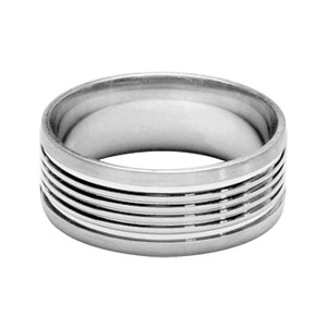 Alliance en argent rhodié satiné 8mm avec rainures brillantes - Vue 1