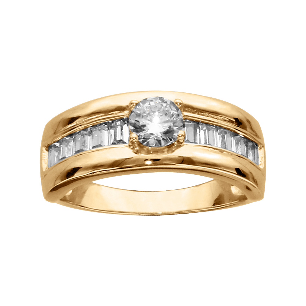 Alliance en vermeil avec oxydes blancs sertis sur rail carr et un solitaire d\'oxyde blanc central - Vue 1