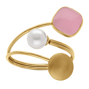 Bague acier dor� pastille lisse oeil de chat imitation rose et perle blanche imitation r�glable