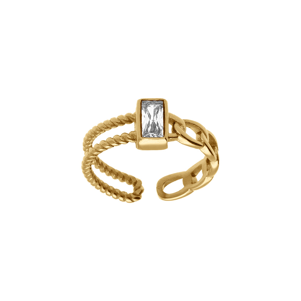 Bague ajustable en acier dor� avec oxyde blanc rectangulaire entour�, - Vue 1