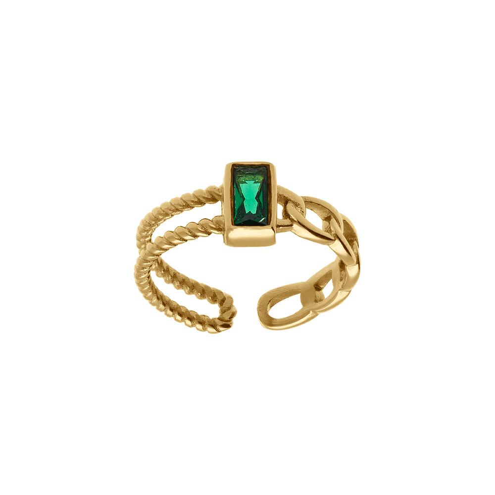 Bague ajustable en acier dor avec oxyde vert rectangulaire entour - Vue 1