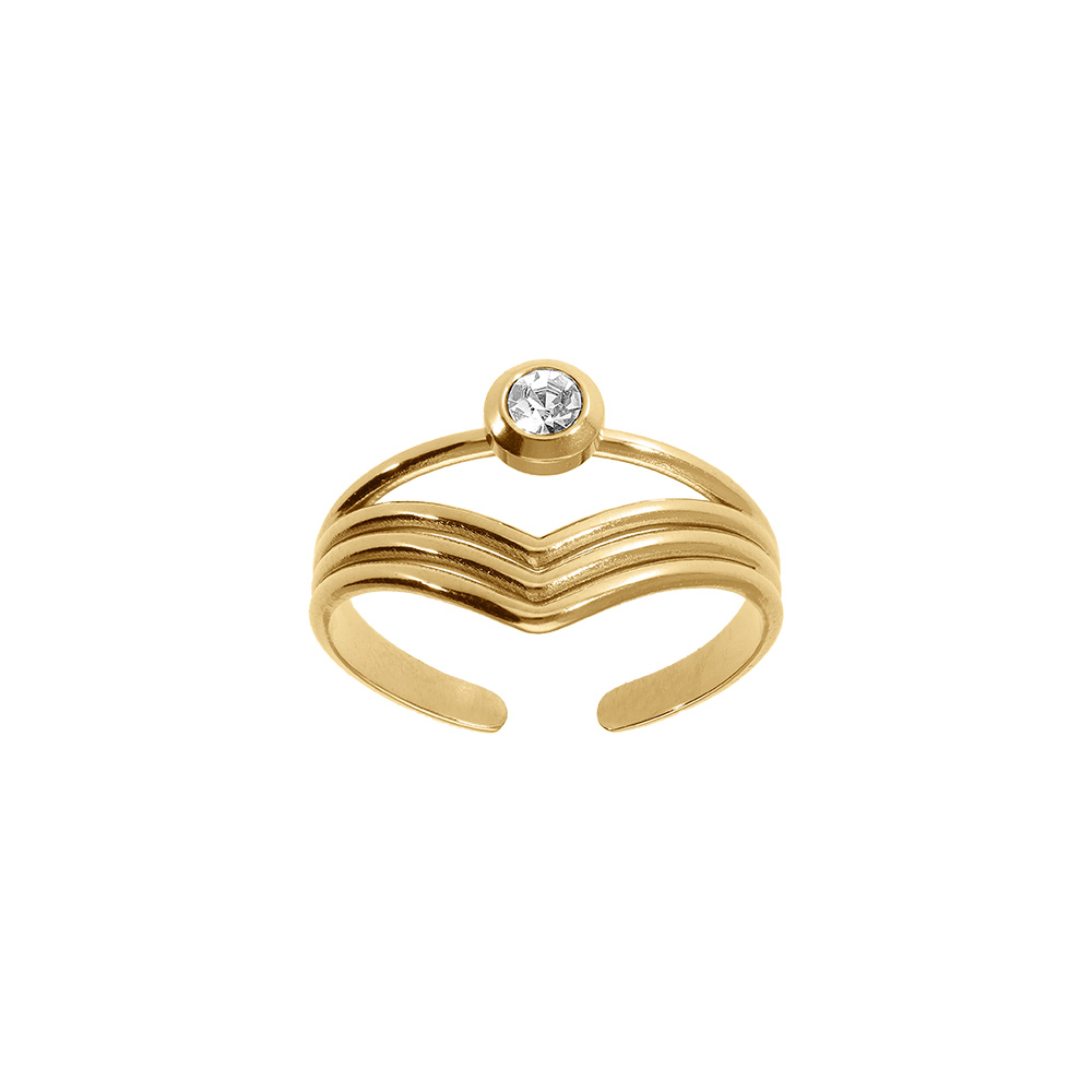Bague ajustable en acier dor jaune forme V avec un oxyde blanc serti clos - Vue 1
