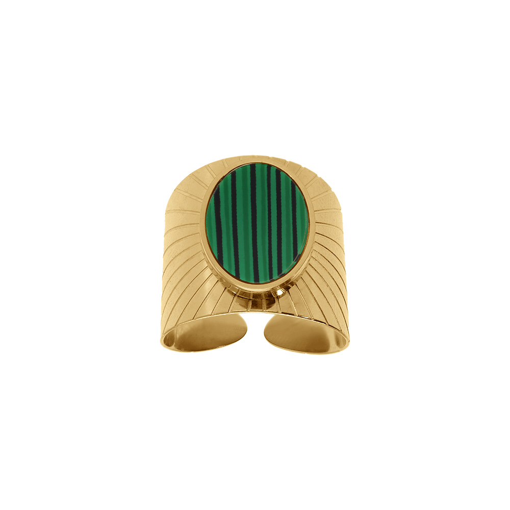 Bague ajustable en acier dor plateau oval malachite imitation - Vue 1