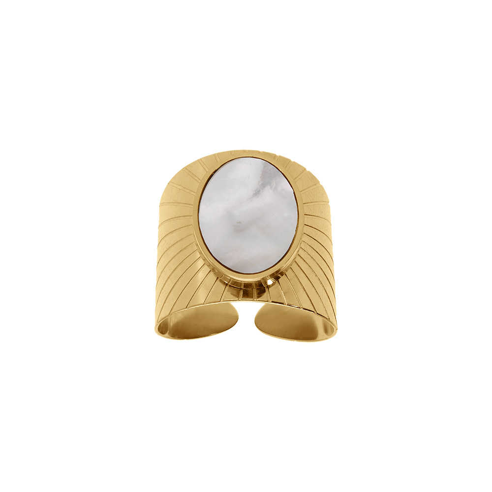 Bague ajustable en acier dor plateau oval nacre blanche imitation - Vue 1