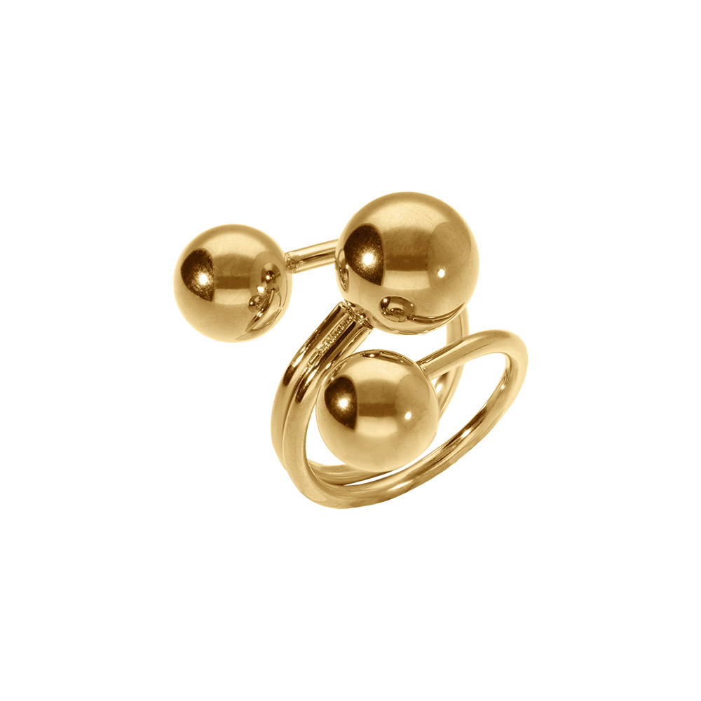 Bague ajustable en acier dor� trois boules - Vue 1
