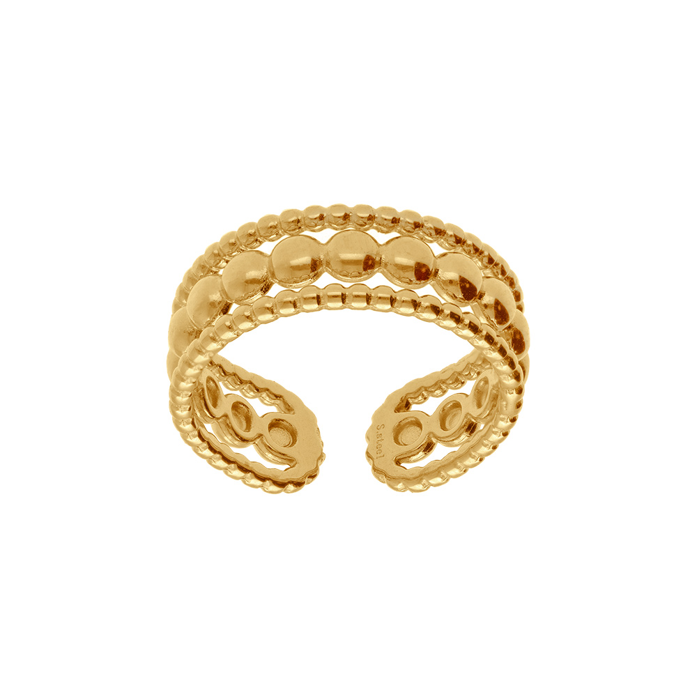 Bague ajustable en acier dor� trois rangs motif boules au centre - Vue 1