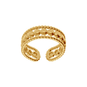 Bague ajustable en acier doré trois rangs motif boules au centre - Vue 1