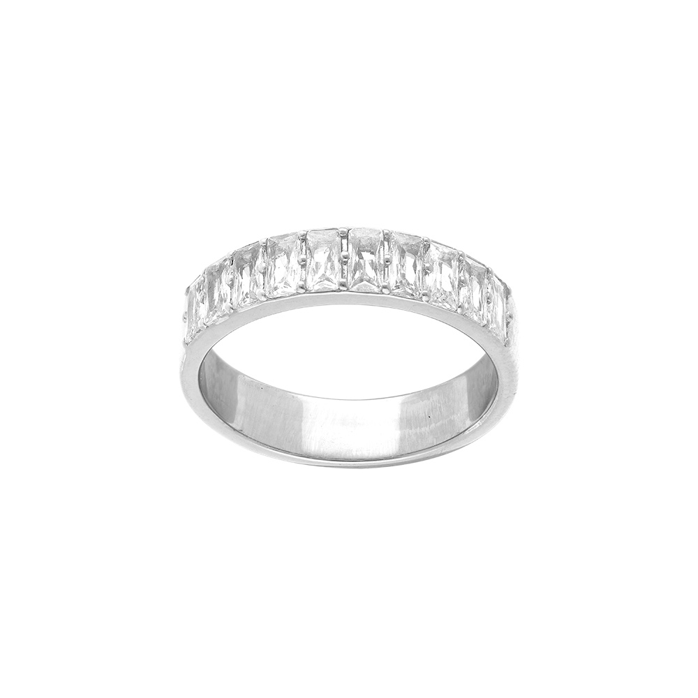 Bague Alliance amricaine en argent platin avec oxydes blancs sertis - Vue 1