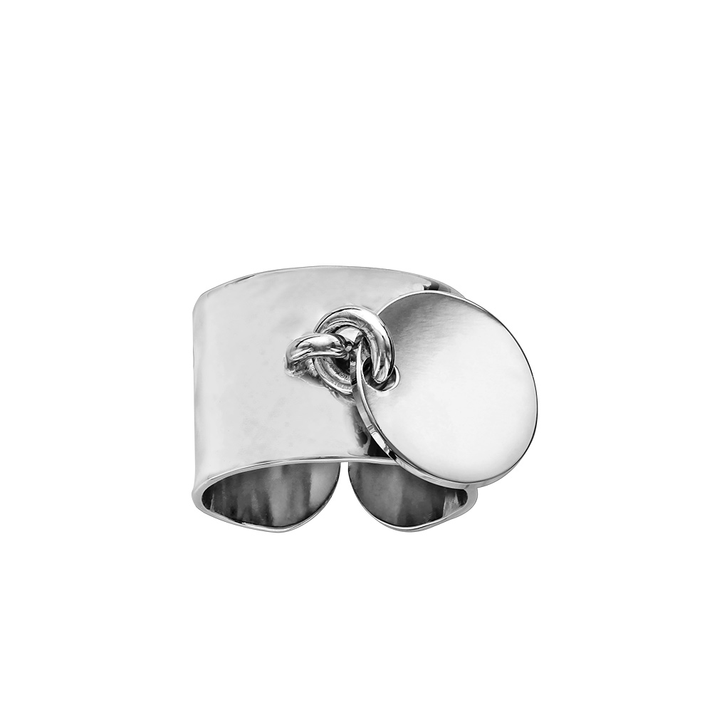 Bague anneau lisse en argent rhodi� de 12mm de large avec pastille ronde de 13mm - Vue 1