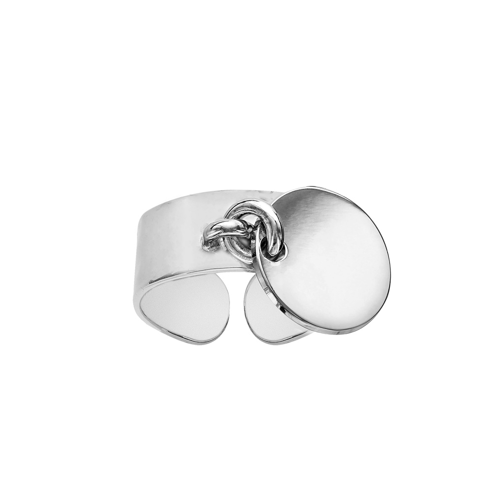 Bague anneau lisse en argent rhodi� de 7mm de large avec pastille ronde de 13mm - Vue 1