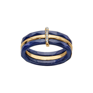 Bague 3 anneaux dont un anneau centra en vermeil et 2 en céramique bleu barre d\'oxydes blancs sertis - Vue 1