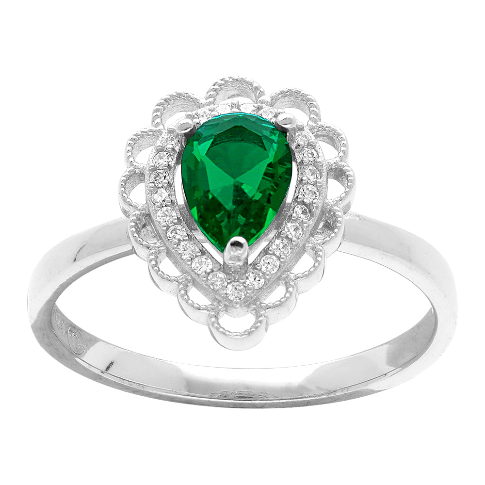 Bague argent rhodi� forme goutte d\'oxyde vert serti et halo d\' oxydes blancs - Vue 1