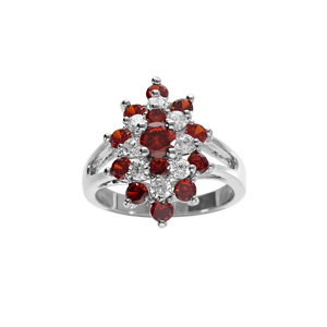 Bague argent rhodi marquise avec oxydes rouges et blancs - Vue 1