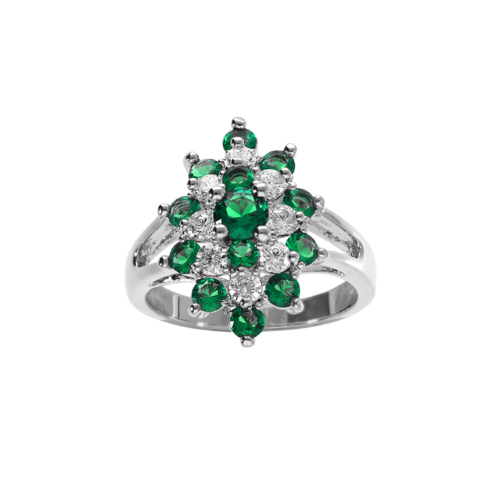 Bague argent rhodi marquise avec oxydes verts et blancs - Vue 1