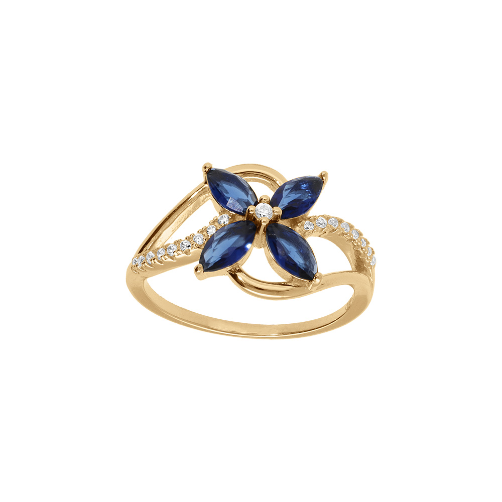 Bague croise en vermeil avec oxydes blancs sertis et fleur verre bleu fonc - Vue 1