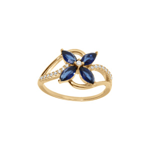 Bague croisée en vermeil avec oxydes blancs sertis et fleur verre bleu foncé - Vue 1