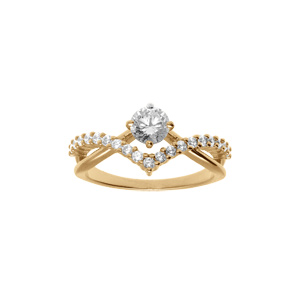Bague décalée en vermeil solitaire oxyde blanc serti 5mm avec pointe d\'oxydes blancs - Vue 1