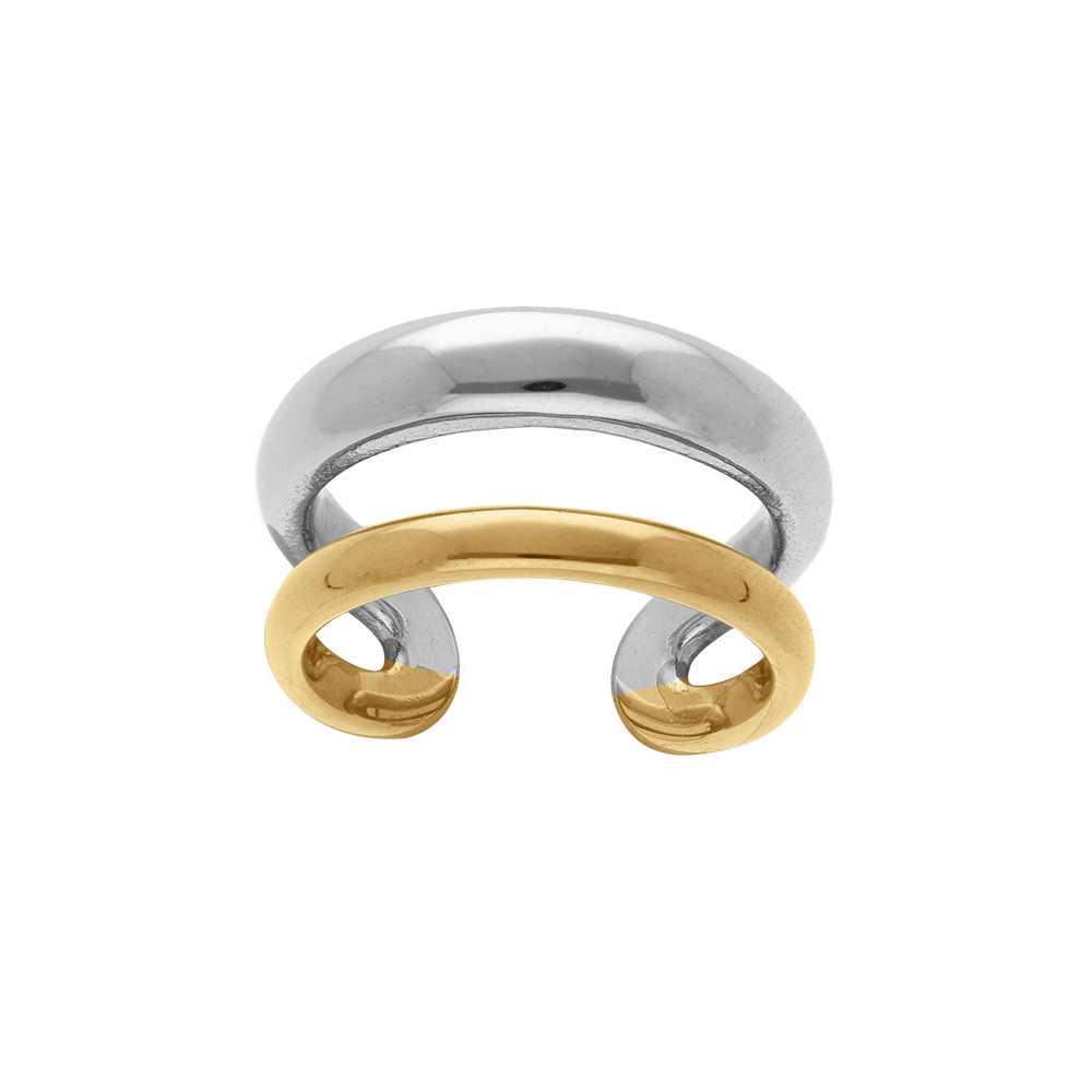 Bague deux rangs en acier bicolore ouverte et r�glable - Vue 1