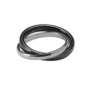 Bague double anneaux : 1 de 3mm en céramique noire et 1 de 2mm en argent rhodié - Vue 1