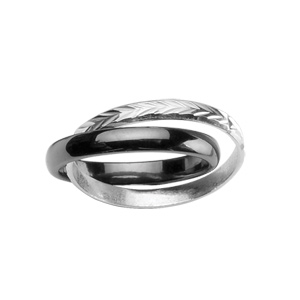 Bague double anneaux : 1 en céramique noire et 1 en argent rhodié ciselé en épis - Vue 1