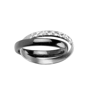Bague double anneaux : 1 en céramique noire et 1 en argent rhodié ciselé en étoiles - Vue 1