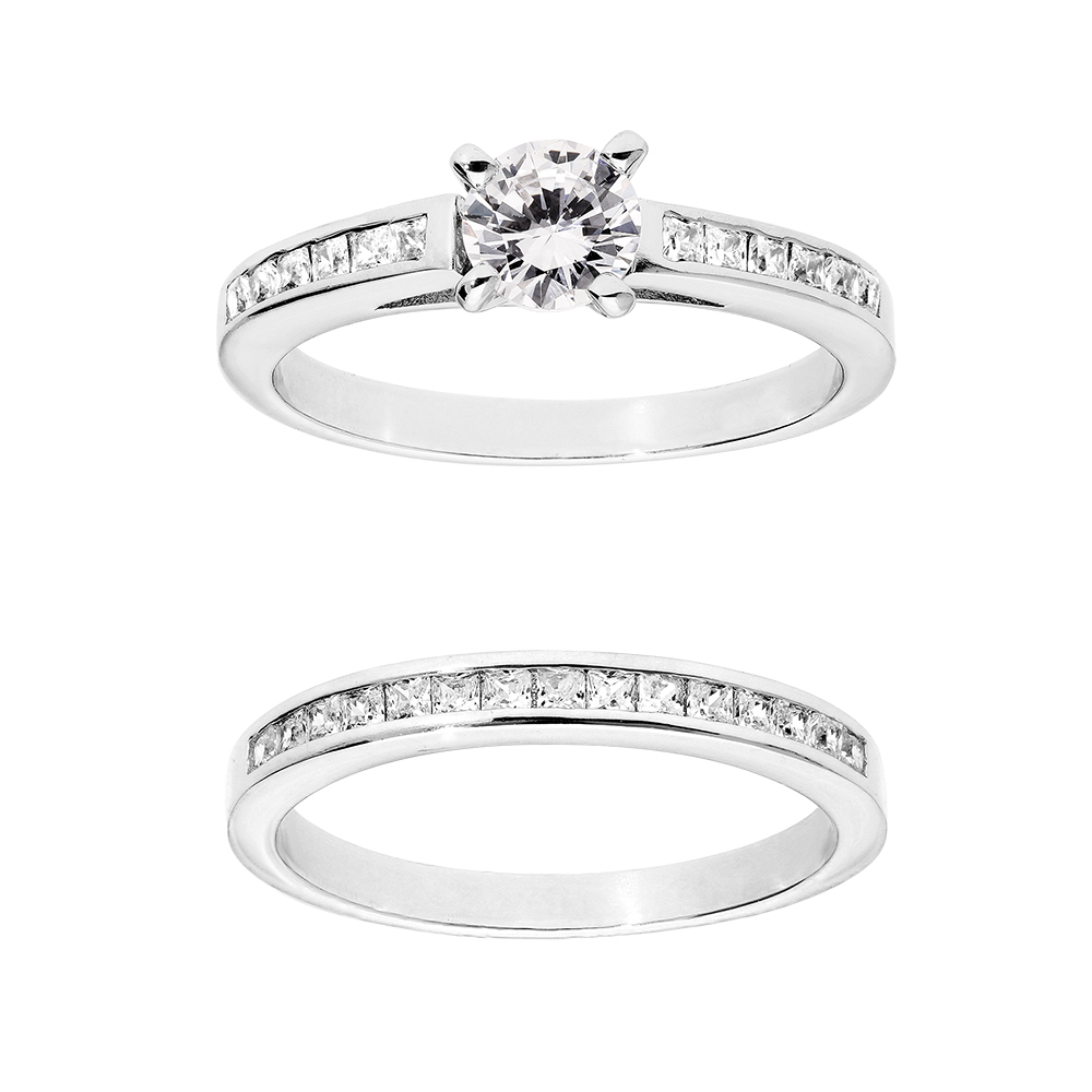 Bague double en argent rhodi : 1 anneau rail d\'oxydes et 1 anneau rail d\'oxydes et solitaire blanc - Vue 1