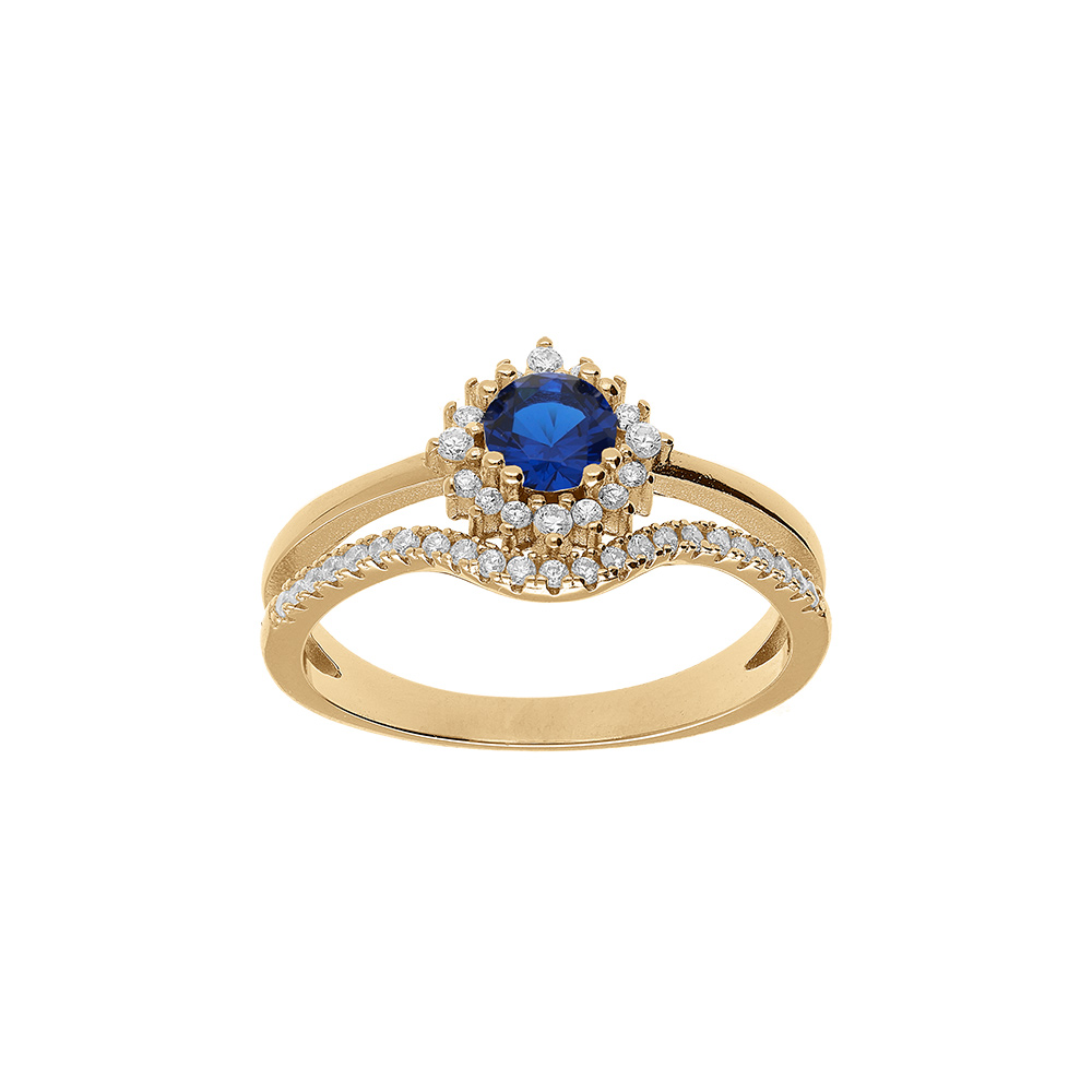 Bague double en vermeil avec oxyde bleu entour d\'oxydes blancs - Vue 1